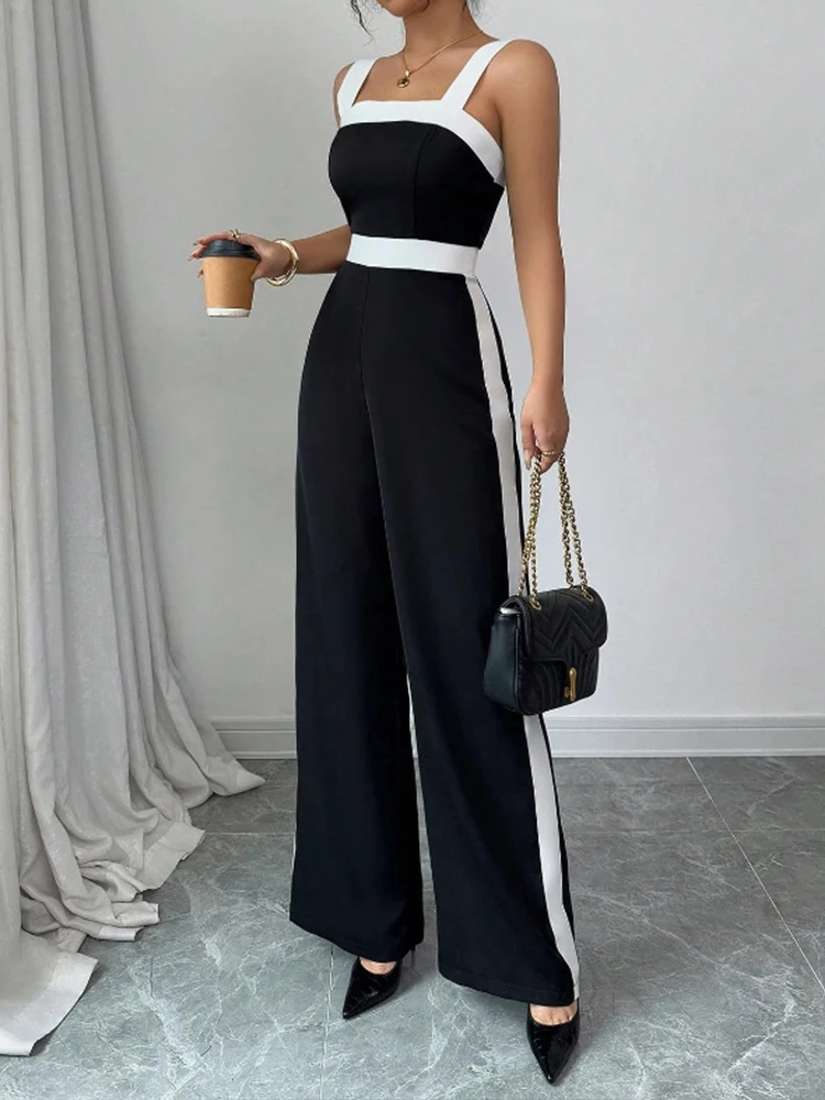 Women's Black White Jumpsuit Square Neck Contrast Trim Ideal for Evening Events Parties Elegant Styles