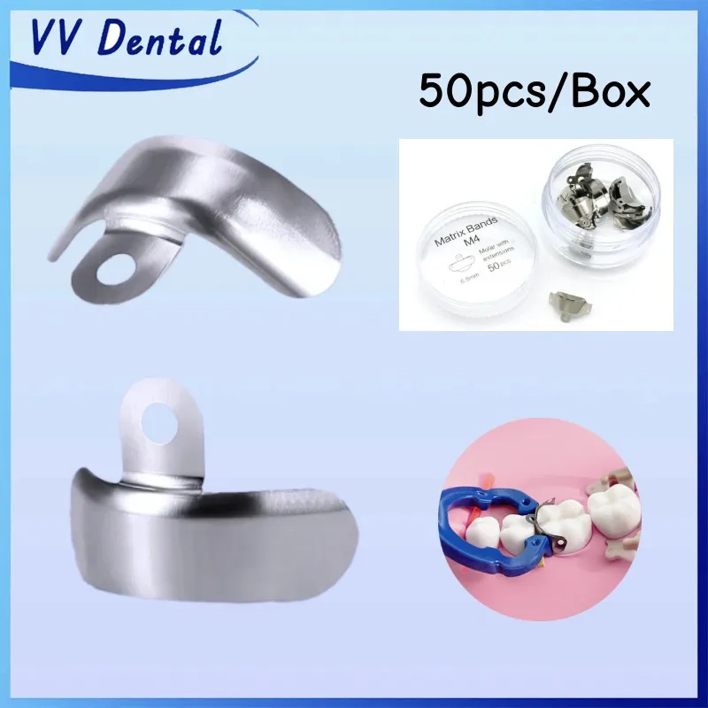 

VV 50pcs/Box Dental With Holes Matrix Bands NITI Metal Matrices Clamp Ring 3.5-6.5mm Stainless Steel Material, Easy Use