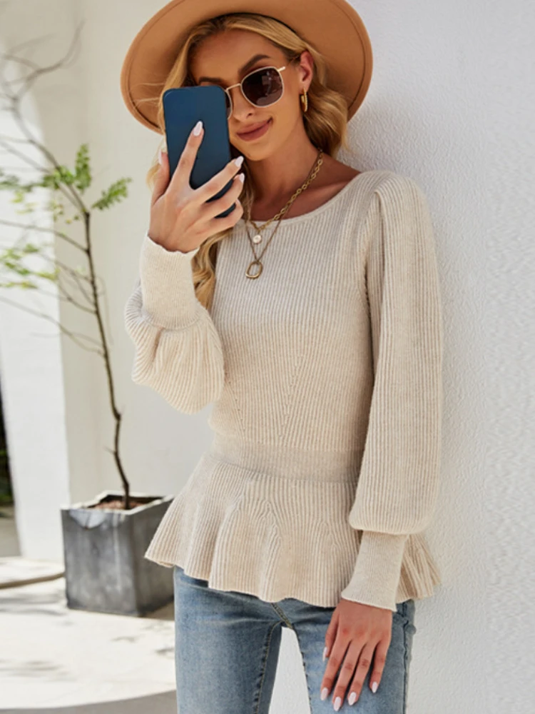 

Women's Sweaters 2024 Autumn Winter Slim Fit Lantern Sleeve Knitted Sweater Temperament Vintage Pretty O-Neck Ruched Pullovers