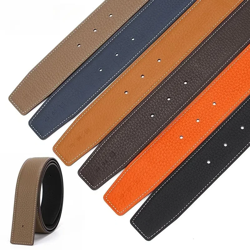 

No Buckle Luxury Ultra-thin Pointed New Mens Litchi Grain Holes Belt Brand Male Genuine Two Sides Strap Jeans Belts 3.2/3.8cm