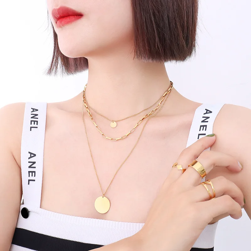 2025 Three-layer collarbone 18K real gold necklace European and American ins cold wind necklace jewelry gifts