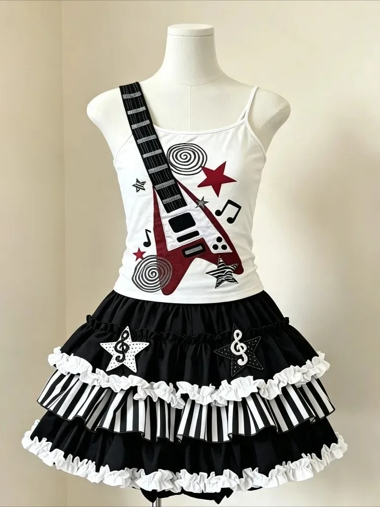 Sweet Goth Harajuku Two Piece Set Women Decorative Wing Cami Tops Piano Lace Layered Mini Skirt Retro Y2K 2000s Summer Outfit