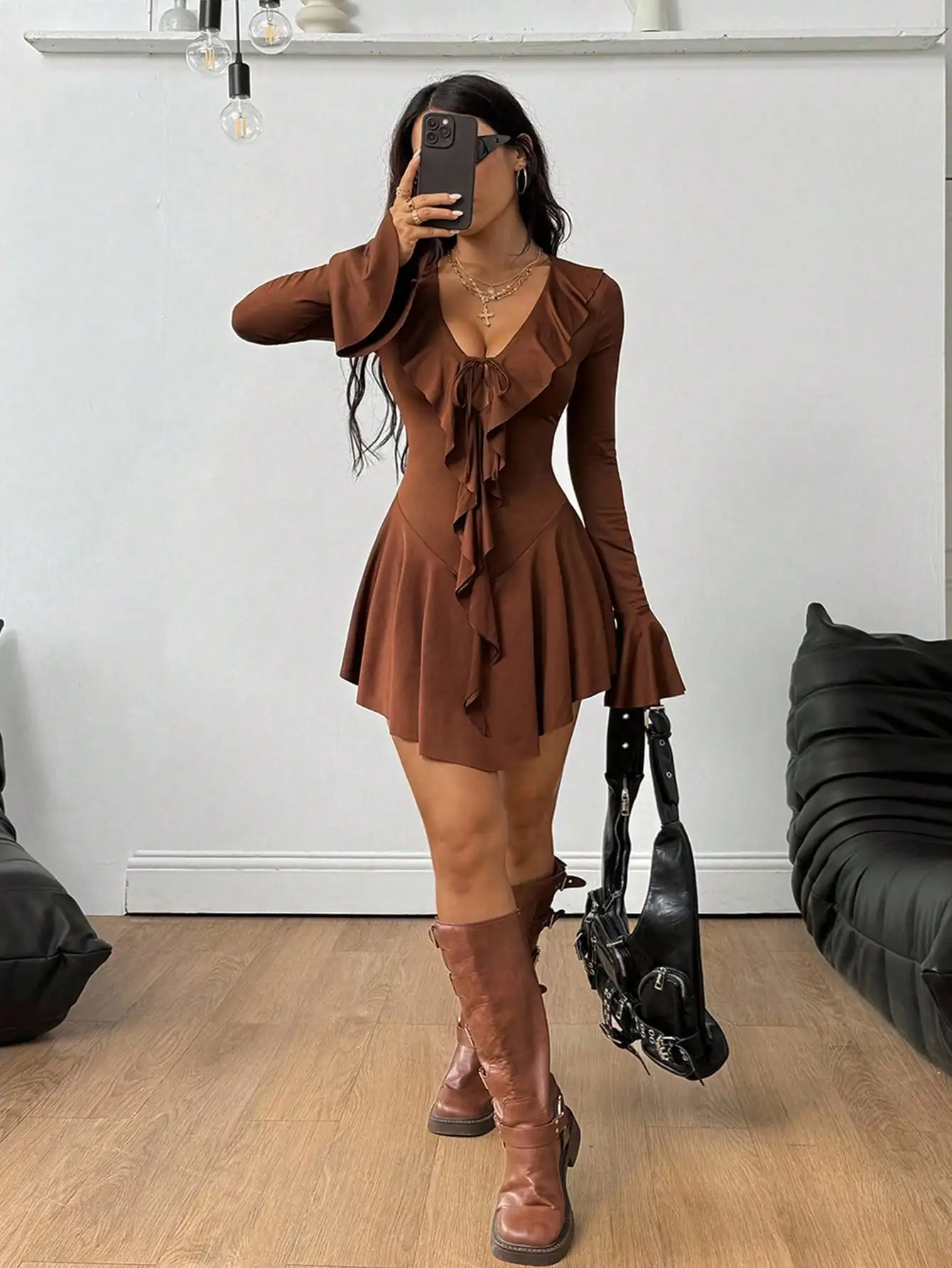 BWQ Women's Fall/Winter Back To School Western Wear Cowgirl Y2K Stretchy Ruffle V-Neck Tie Front Pleated Mini Elegant Dresses