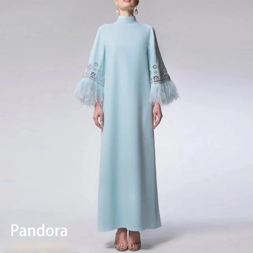 Pandora Elegant formal Evening dress for Women high neck long sleeve feather crystal straight ankle-length banquet party dress