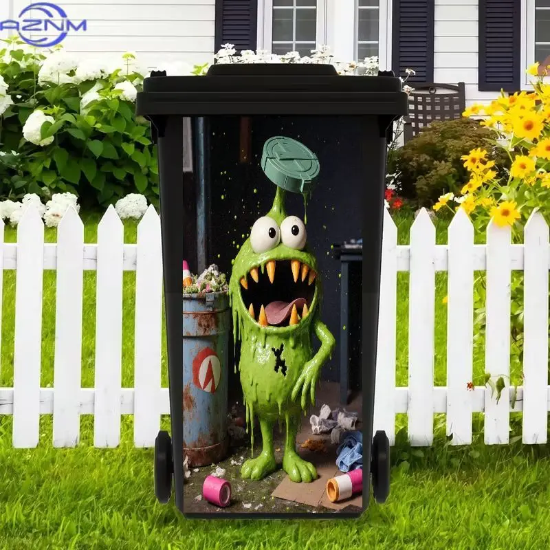 Cartoon Monster Trash Bin Decal Sticker, Funny Green Pattern, Halloween Garbage Can Decoration, Waterproof PVC, Easy to Apply,