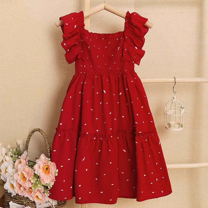 Kids Dresses for Girls 5-12T Red Lace Square Neck Polka Dot Dress New Summer Fashion Baby Princess Wedding Party Gift Costume