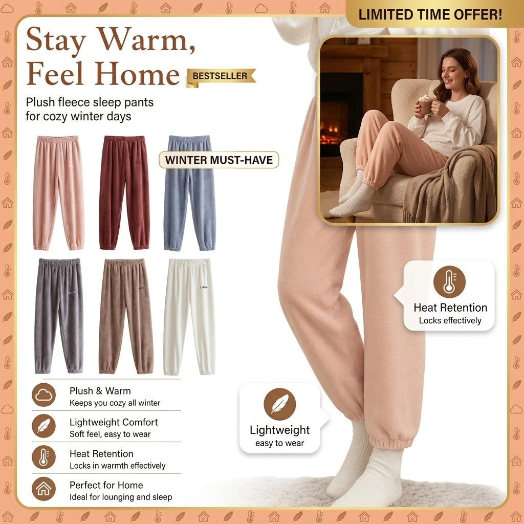 Winter Plush Thermal Pajama Pants for Women Soft Fleece Lined Lounge Wear Comfortable Elastic Waist Warm Home Sleepwear