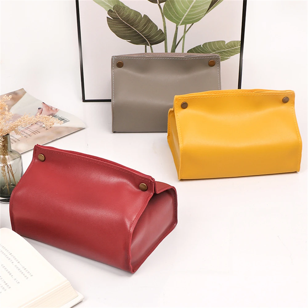 PU Leather Tissue Boxs Solid Color Napkin Holder Home Foldable Paper Towels Cover Office Waterproof Dustproof Sundries Ontainer