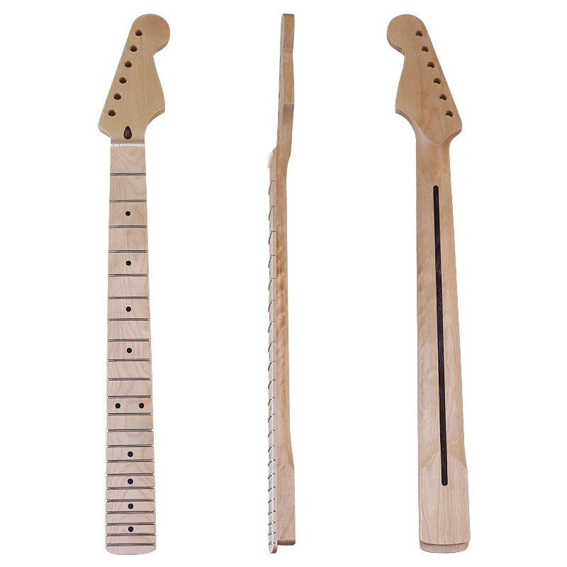 

DIY accessories for the natural-color neck of an electric guitar made of matte maple wood with 6 strings and 22 frets