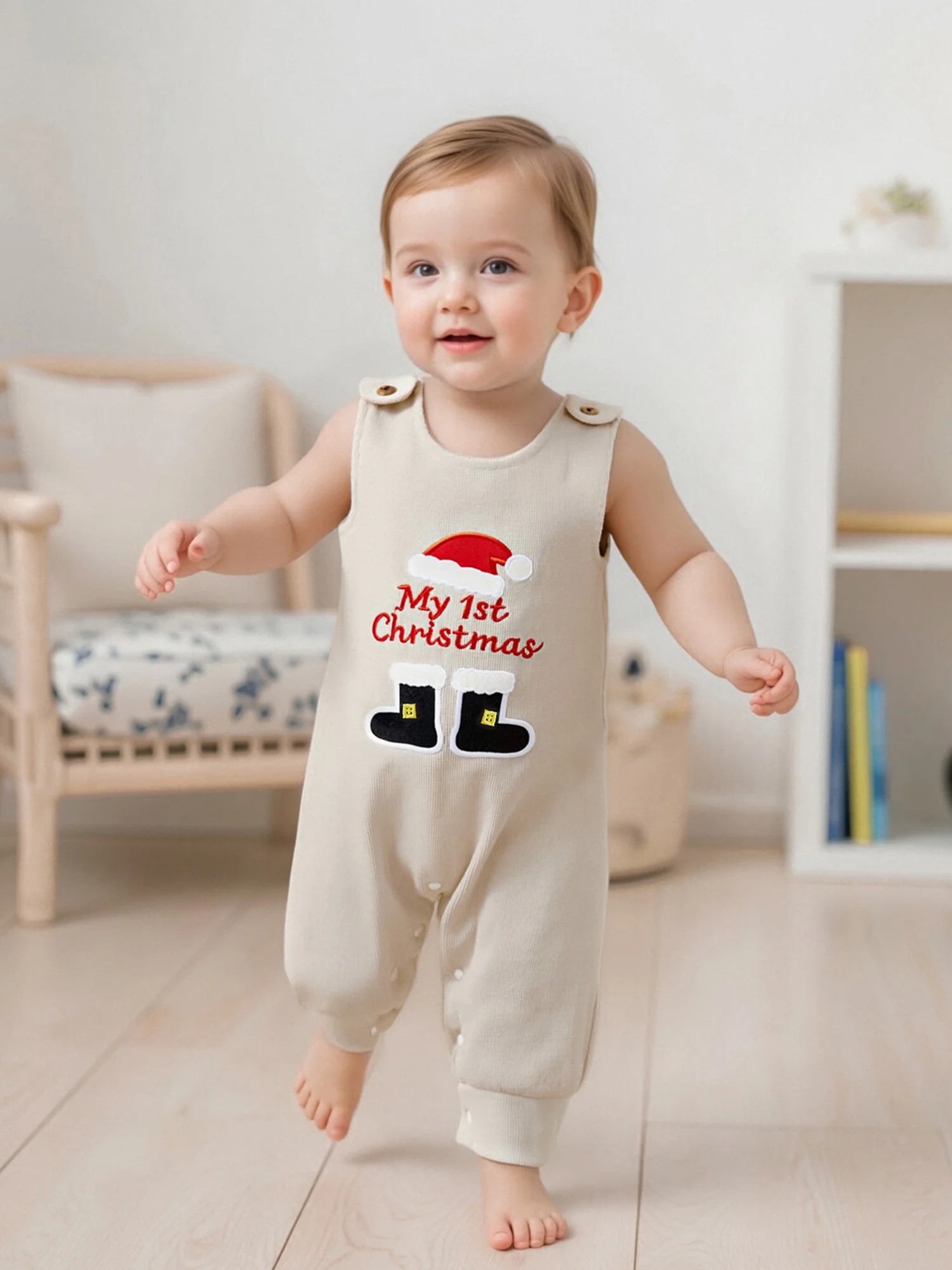 

Детский рождественский вельветовый комбинезон, комбинезон с буквенным принтом, шляпа с вышивкой, комбинезон без рукавов с круглым вырезом