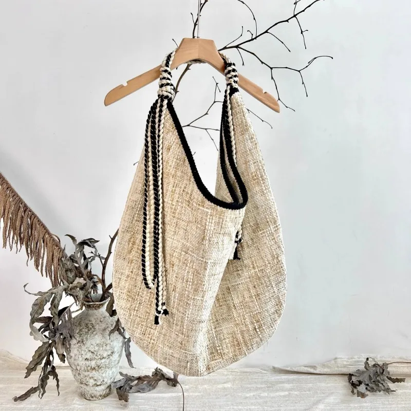 Woven Tote Bag Woven Strap Splicing Single Shoulder Hand-held Large Bucket Bags