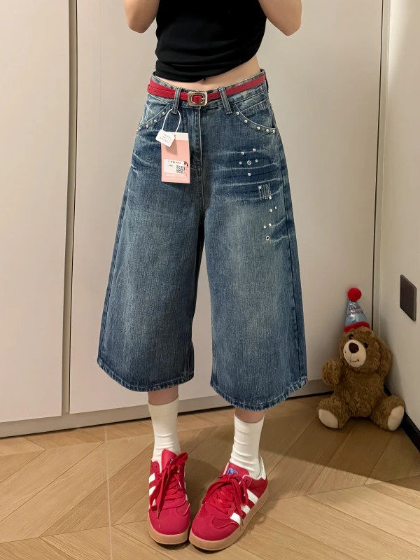 

High Waist Wide Leg Jeans Shorts Women's Summer Casual Cotton Denim Rivet Washed Loose Fit Blue Jeans Shorts for Teens