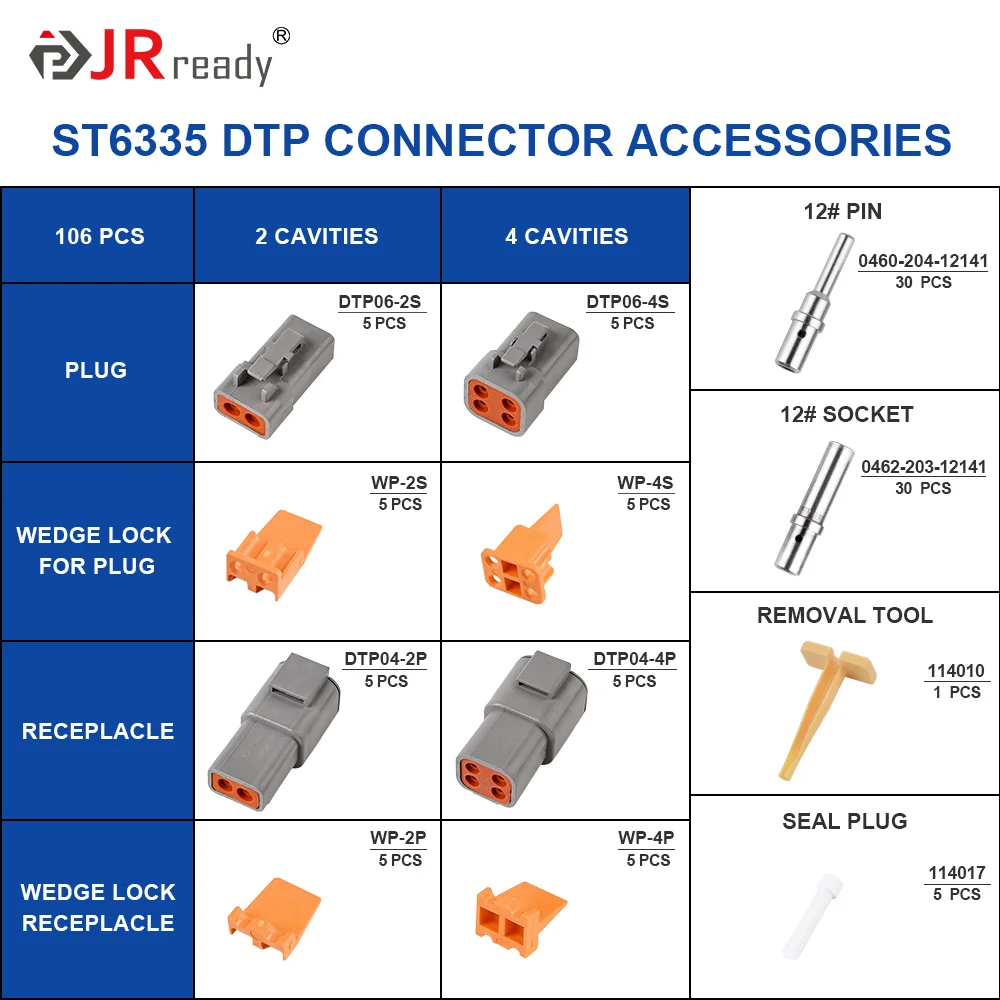 JRready ST6335 DTP Connector Kit, 2 Pin, 4 Pin Waterproof Electrical Connector with Size 12 Solid Contacts Pin Sockets, Current