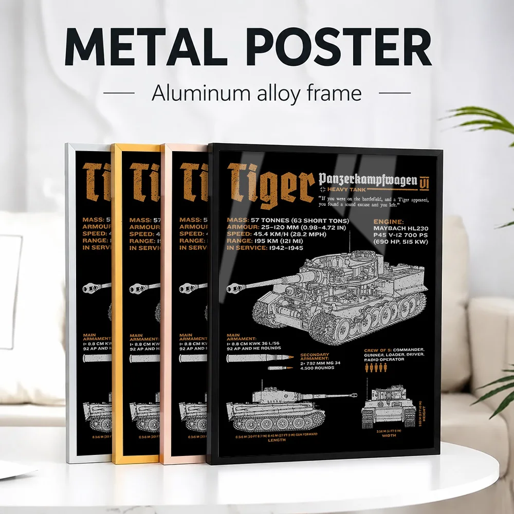 Tiger Tank Technical Diagram Framed Metal Poster Personalized Photo Bold Tactical Style Wall Art For Home Office Engineer Gift