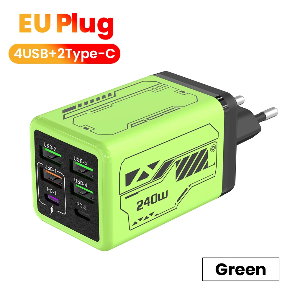 240 W 6 Poorten 4 USB + 2 Type C Super Snel Opladen Mobiele Telefoon Oplader USB3.0 PD3.0 EU/UK/US Oplader Voor Iphone 17 16 Samsung POCO