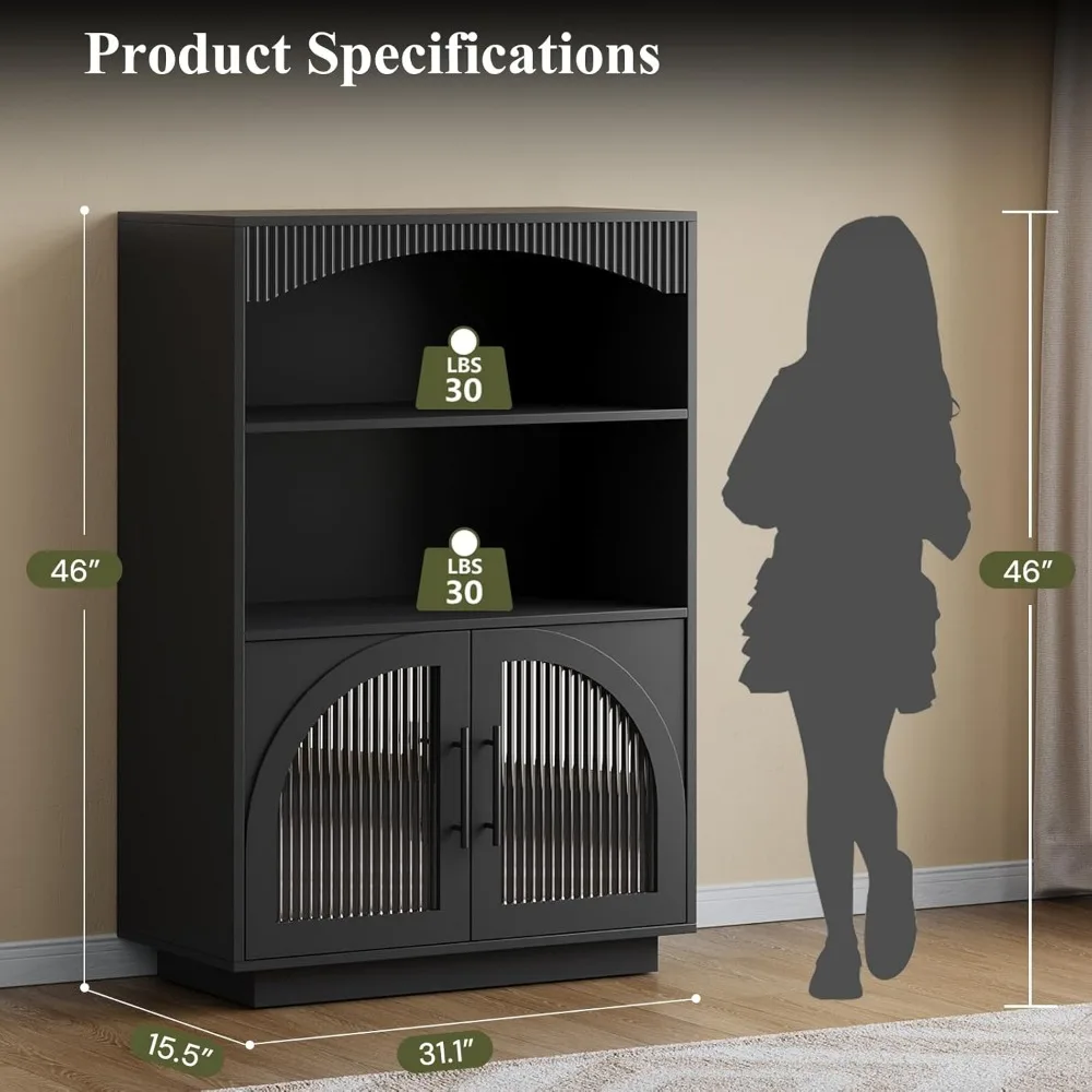 Exclusive 46 Bookshelf with Doors, Black Bookcase with Glass Door, 3 Tier Small Bookshelf w/Deep Storage Cabinet and Adjustable