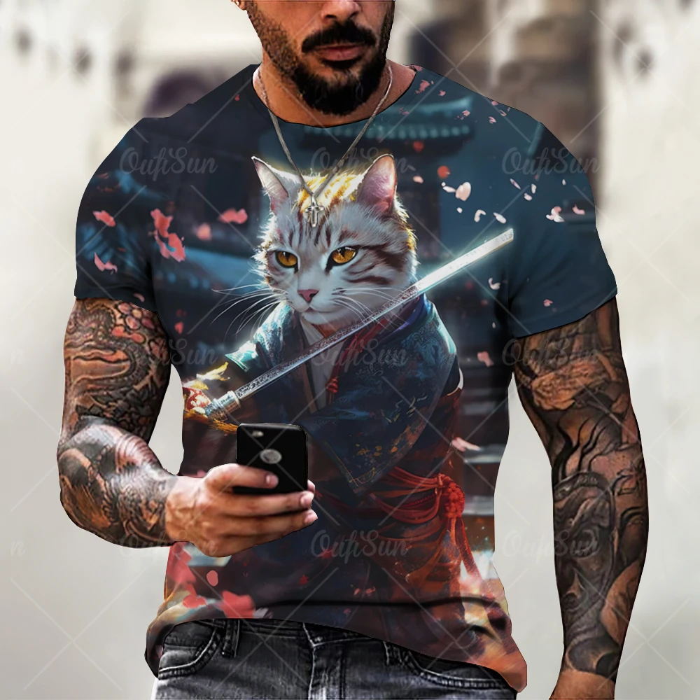 Japanese Samurai Cat Print Men\'s T-shirt Funny 3D Animal Pattern T-shirt Summer Casual O-Neck Loose Top Short Sleeve T-shirt Men