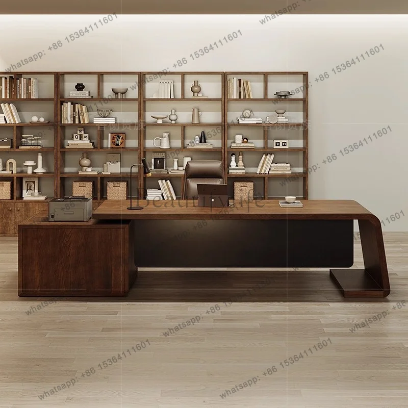 PG Chairperson's Office Log Large Board Table Desk Leader Boss Pure Solid Wood Large Class Desk Boss Table with Side Cabinet