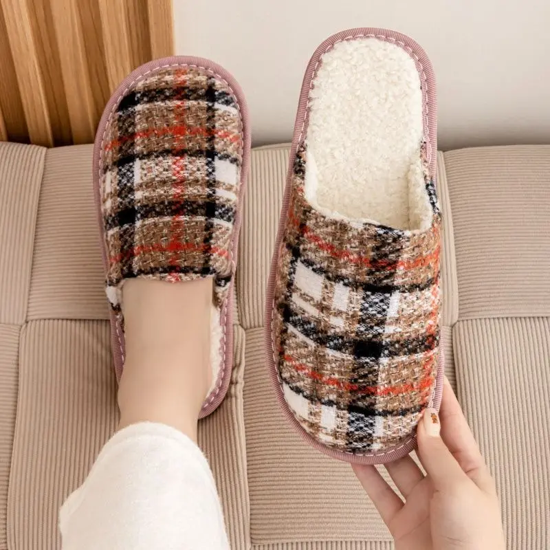 Winter Warm Cotton Slippers Plaid Fuzzy Couple Indoor Home Cozy Non Slip Easy Clean Fashion Unisex Cloth Shoes New