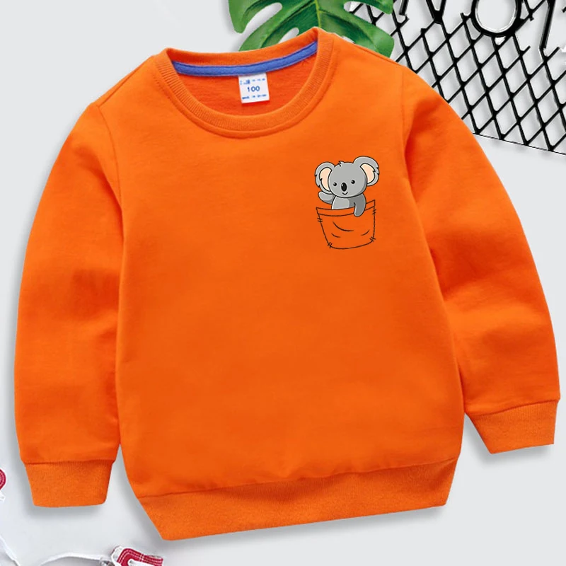 

Fashion Hoodless Sweatshirt Children Boys Girls Koala Pocket Print Round Neck Pullover Kids Casual Pure Color Pullover