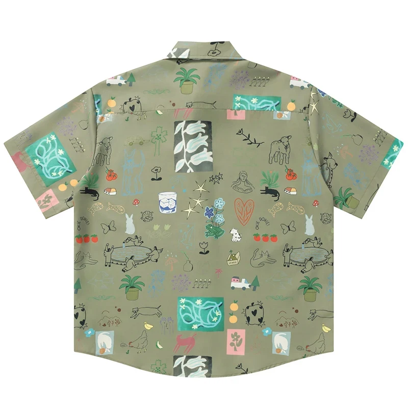 Harajuku Y2K Graphic shirts Men Summer Casual Loose Short Sleeve Button Up Blouse Cartoon Printed