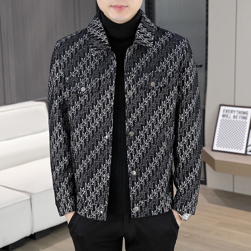 

Autumn Korean Letter Printed Jacket for Men High Quality Casual Business Jackets Single Breasted Lapel Social Streetwear Coat