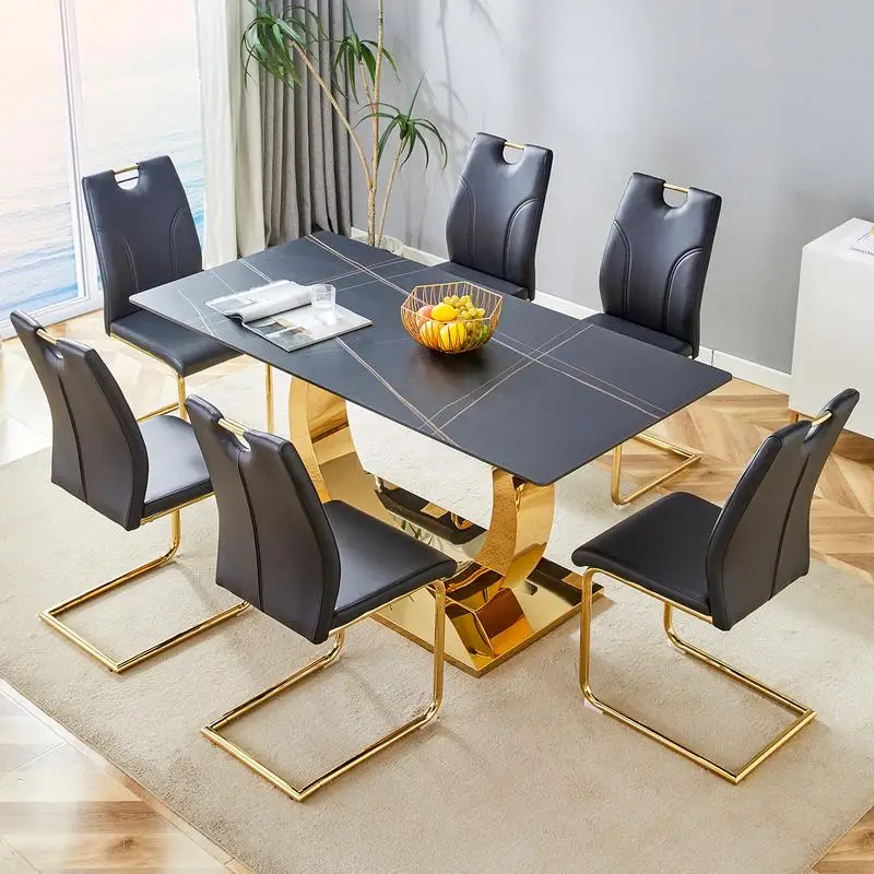 طقم طاولة طعام من الحجر الملبد مع 6 كراسي فريدة من نوعها، بلوزة سوداء بأرجل معدنية ذهبية، 63 بوصة × 31.5