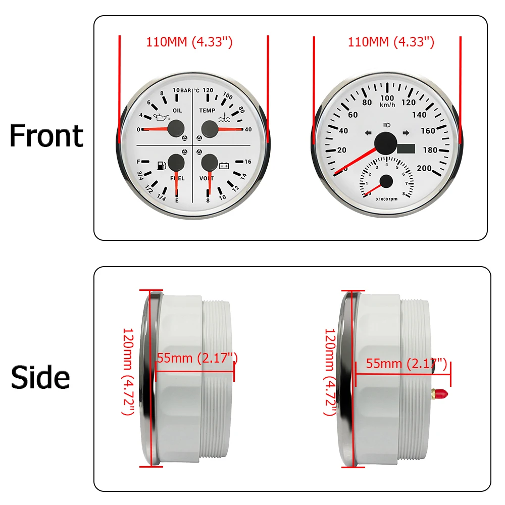 ELING 12 فولت 110 مللي متر 4in1 مقياس متعدد الوظائف مستوى الوقود درجة حرارة الماء. عداد السرعة GPS لضغط الزيت 0-120 ميجا في الساعة مع مقياس سرعة الدوران 8000 دورة في الدقيقة #1