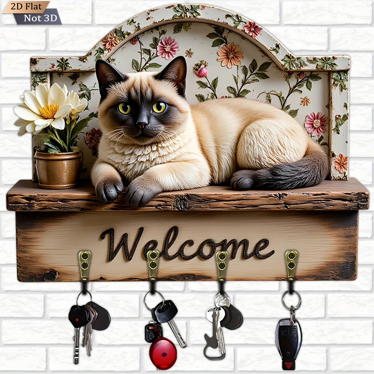 2D Flat, 1pc, Pastoral style cat-shaped floral key hook, wooden multifunctional home key rack, with four metal hooks, wall