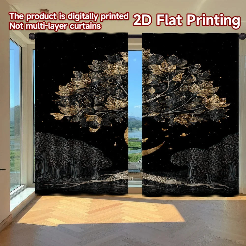 

2D flat printing 2pcs Curtain Midnight Tree and Crescent Digital Printed Polyester Drapes Festive Holiday for Indoor