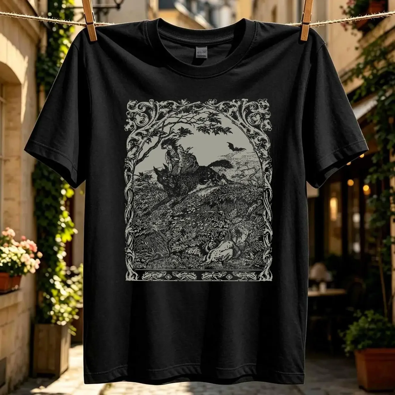 washed T Shirt Witch Riding Wolf The Slavic Folklore Folk Horror WitchcrafT Pagan HexennachT Wicca long or short sleeves