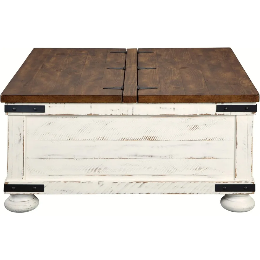 Wystfield Farmhouse Square Storage Coffee Table, Top Elevador Dobrado, Branco Angustiado