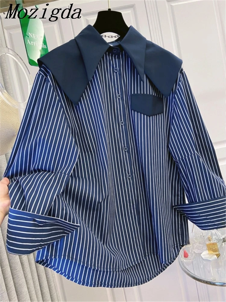 Outono inverno camisas femininas retalhos listrado senhora blusa gola de marinheiro casaul feminino topos roupas de manga longa