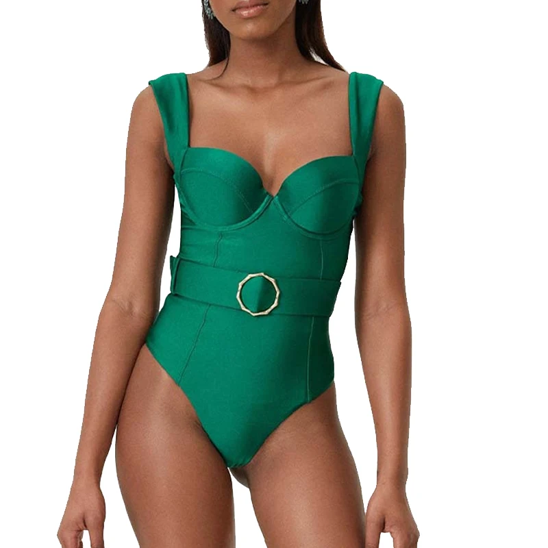 Solid Green Women Swimsuit One Piece Swimwear 2023 New One-shoulder Halter Swimming Suit Backless Bodysuit Summer Beachwear