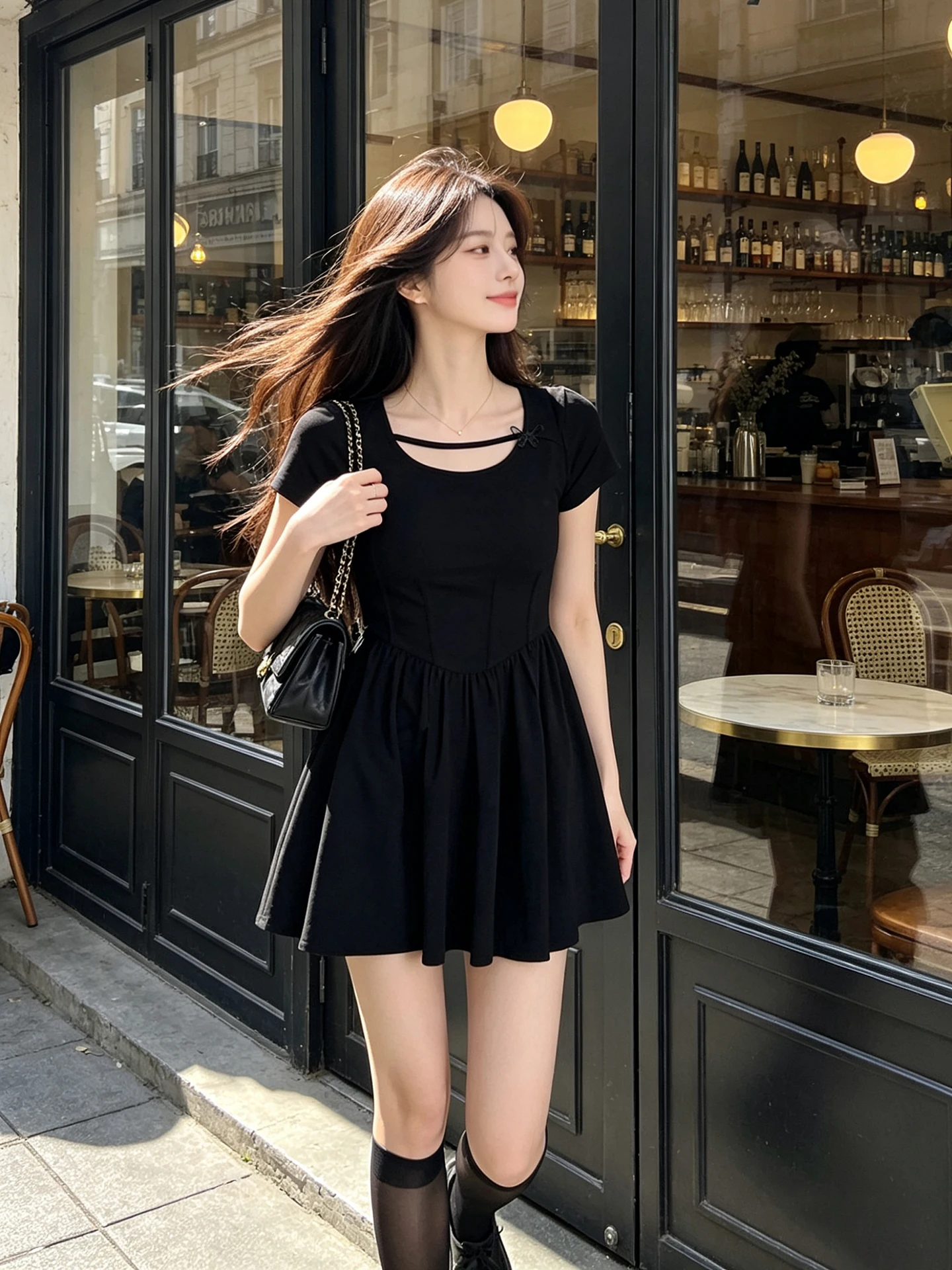 

Hebe Style Black Knitted Short Sleeve A-Line Dress Women's Waist-Cinching Slimming Dress Casual Summer Skirt