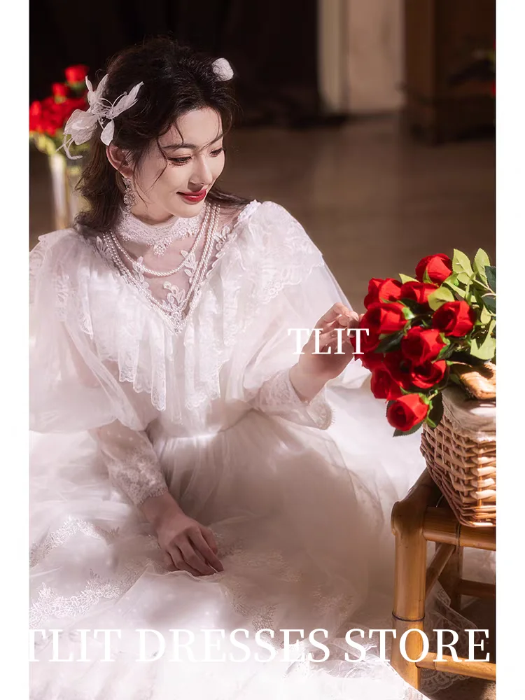TLIT Luxurious Lace A-Line Tiered Wedding Dresses Customized Korea Wedding Dress Photoshoot Strapless O-Neck Bridal Gowns