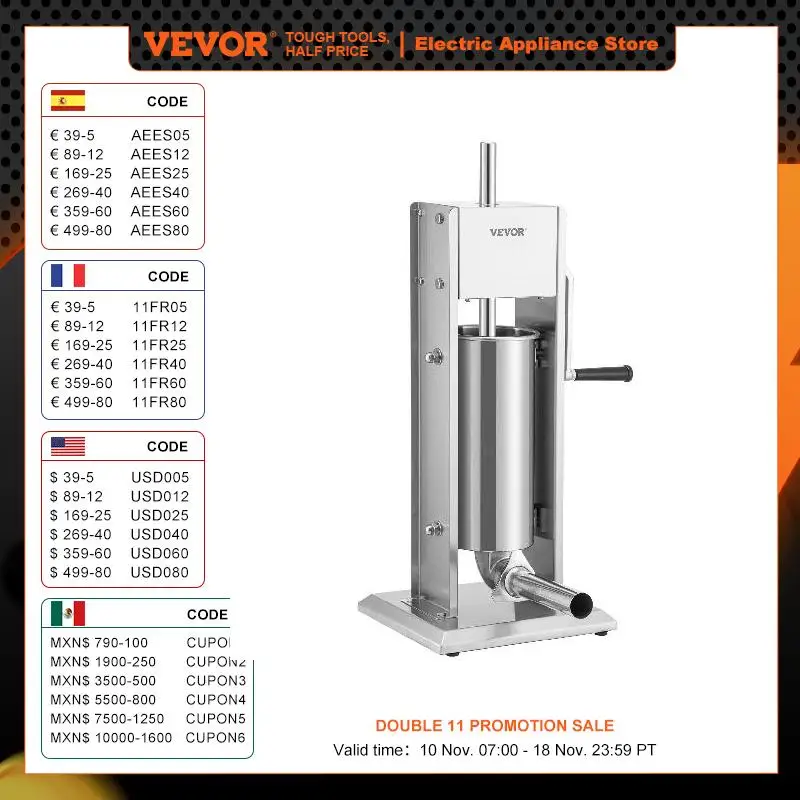 VEVOR Manual Sausage Stuffer 8LBS/5L Capacity Two Speed 304 Stainless Steel Vertical Sausage Stuffer for Household or Commercial