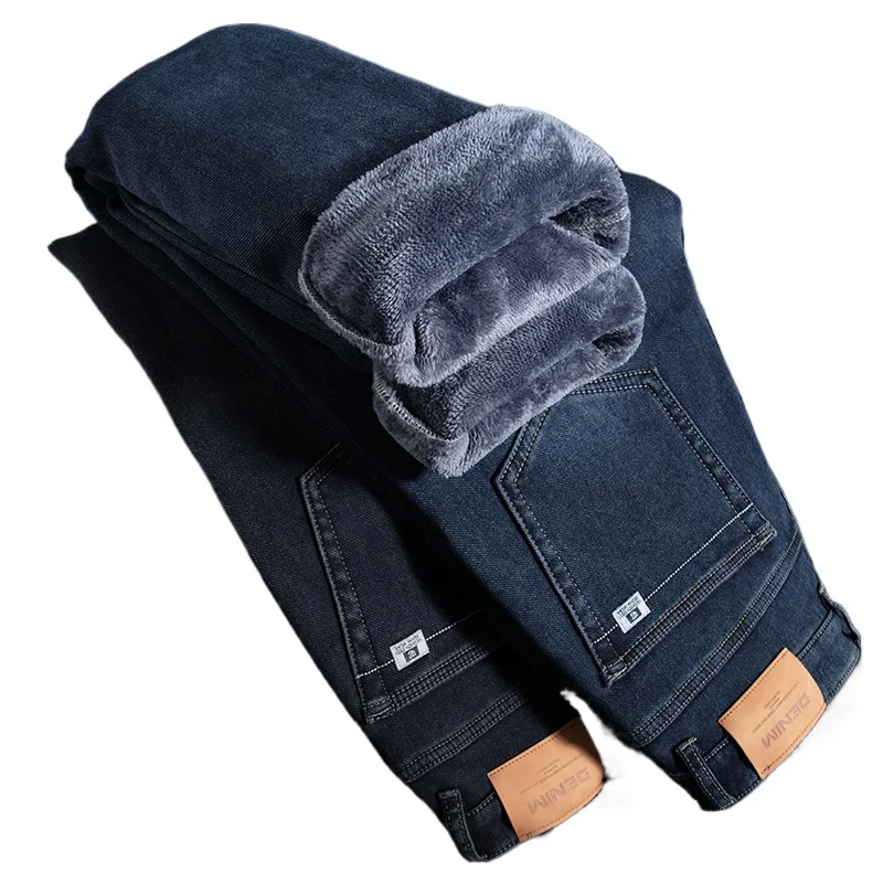 

Новые зимние мужские бархатные ностальгические прямые джинсы высокого качества, утолщенные теплые флисовые джинсовые брюки, мужские брендовые свободные брюки