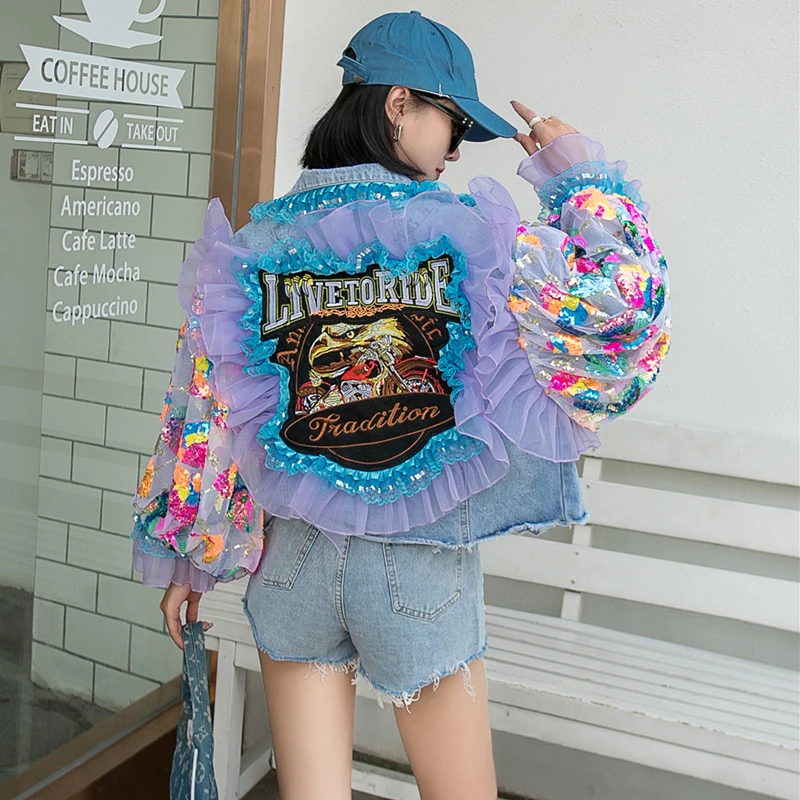 Jaket Denim wanita lengan panjang, jaket Denim lengan panjang, mantel jalanan longgar, mantel Denim pendek desain kepribadian, jaket jala, bunga musim semi 2024