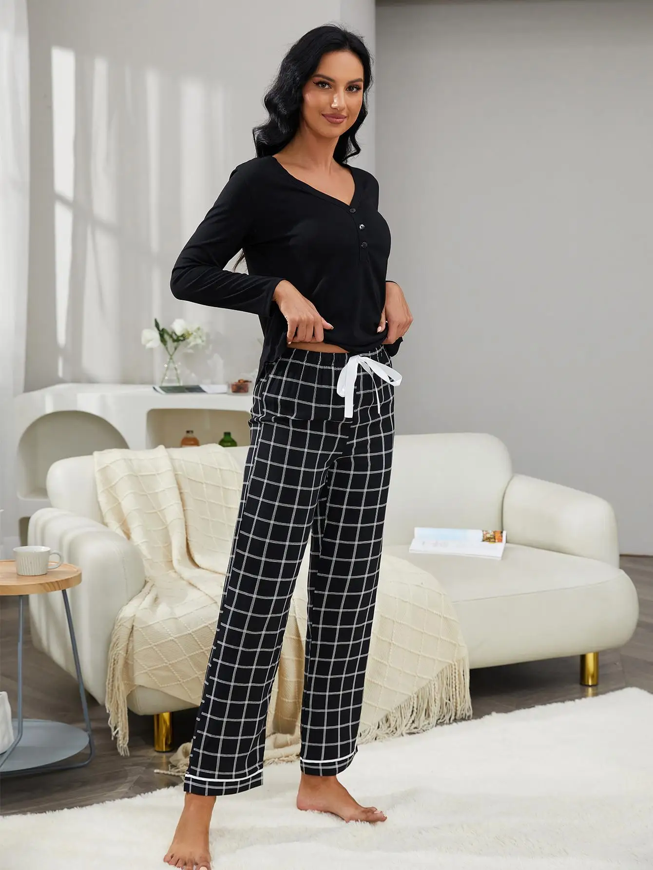 Solid Black Top&Plaid Pants Women\'s Pajamas Set 2 Pieces Long Sleeve V Neck Front Button Pullover With Trousers Sleepwear Suit