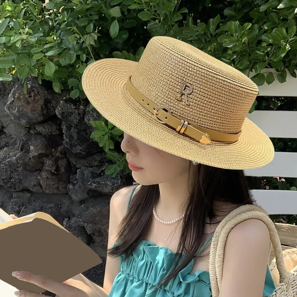 Summer Straw Hat Retro English Style Women's Rhinestone Belted Beach Cap Lightweight Solid Color Vacation Hat with Flat Top