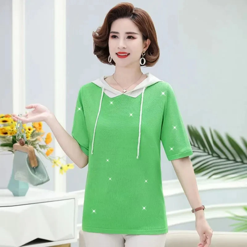 

Ice Silk Short Sleeve Jacket Ladies New Summer Fashionable Loose Pullover Hooded Leisure Elegant Knitting Sweater Women