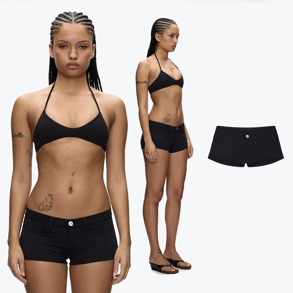 Tank Black Ultra-Short Shorts, Low-Waist Tight-Fitting Hot Pants, Black Stretchy Tight-Fitting Hot Pants, Versatile Slimming Style, Low-Waist Black Ultra-Short Shorts