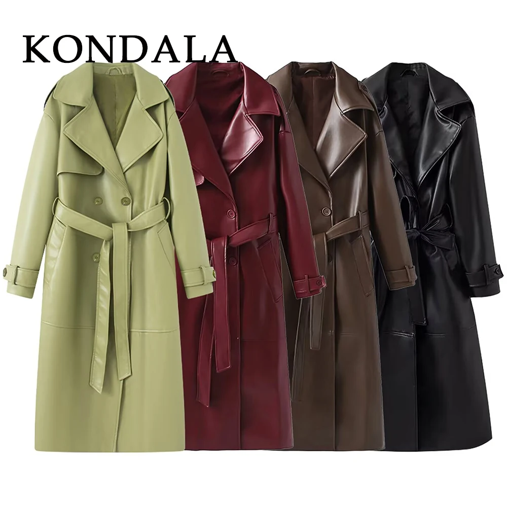 KONDALA Vintage PU Solid Overcoat Fashion 2025 Autumn Double Breasted Streetwear Long Coat Loose Sashes Fall Casual Female Coat