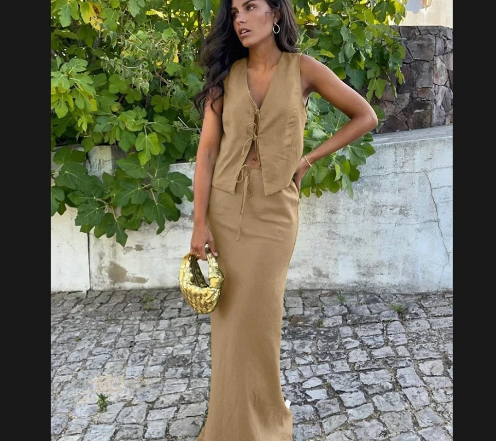 

SKMY Skirt Sets Summer Fashion Solid Color New Temperament Y2k Clothes Women Slim Fit Sleeveless Lace-Up Tops Two Piece Sets