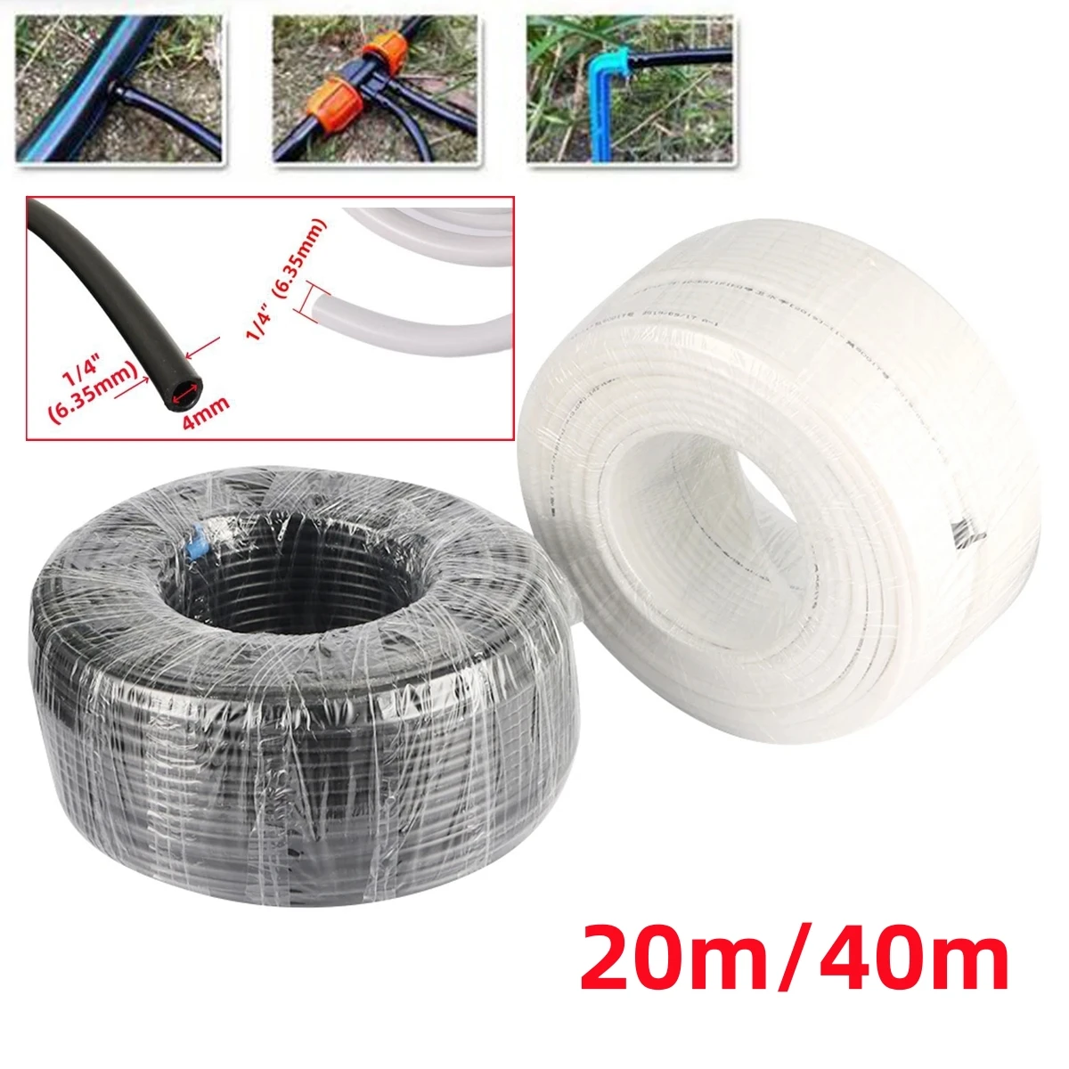 

20m 40m 1/4"(6.35mm) PE Pipe Garden Irrigation Misting System Water Tube Inner Diameter 4mm Greenhouse Watering Hose Black/White