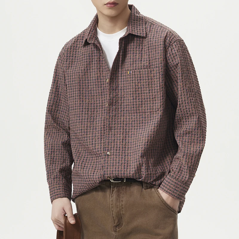 

Men's Seersucker Plaid Streetwear Oversize Fashion Loose Casual Long Sleeve Shirt Male Vintage Plus Size Shirts Cardigan Clothes