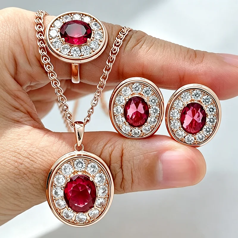 Kinel Hot Shiny Red Natural Zircon Flower Ring Ohrringe Halskette für Damen Mode 585 Roségoldfarben Feines Vintage-Schmuckset