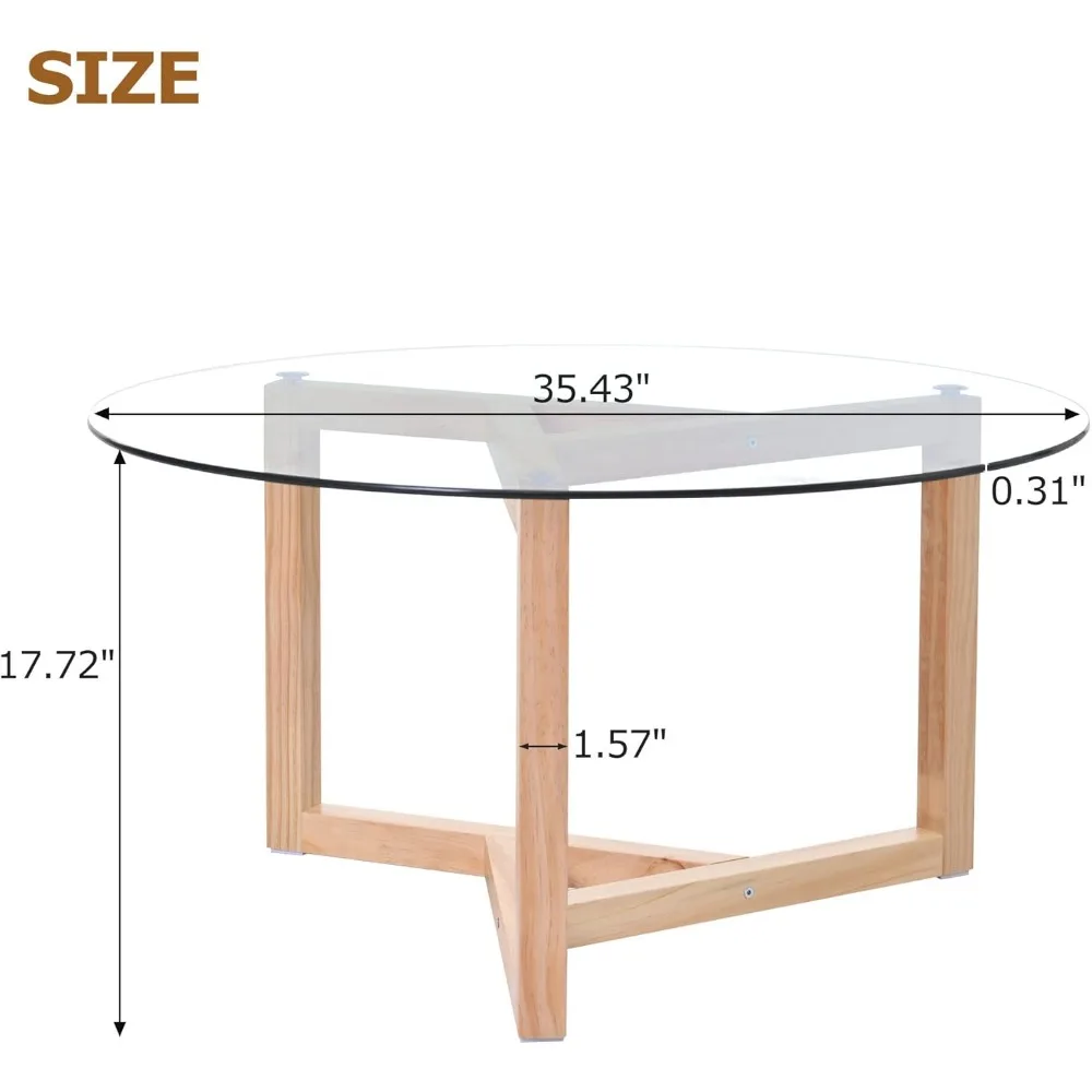 Modern Coffee Table with Storage for Living Room, Including Toptable & Sturdy Wood/Metal Base, Round w/Glass Top, Natural