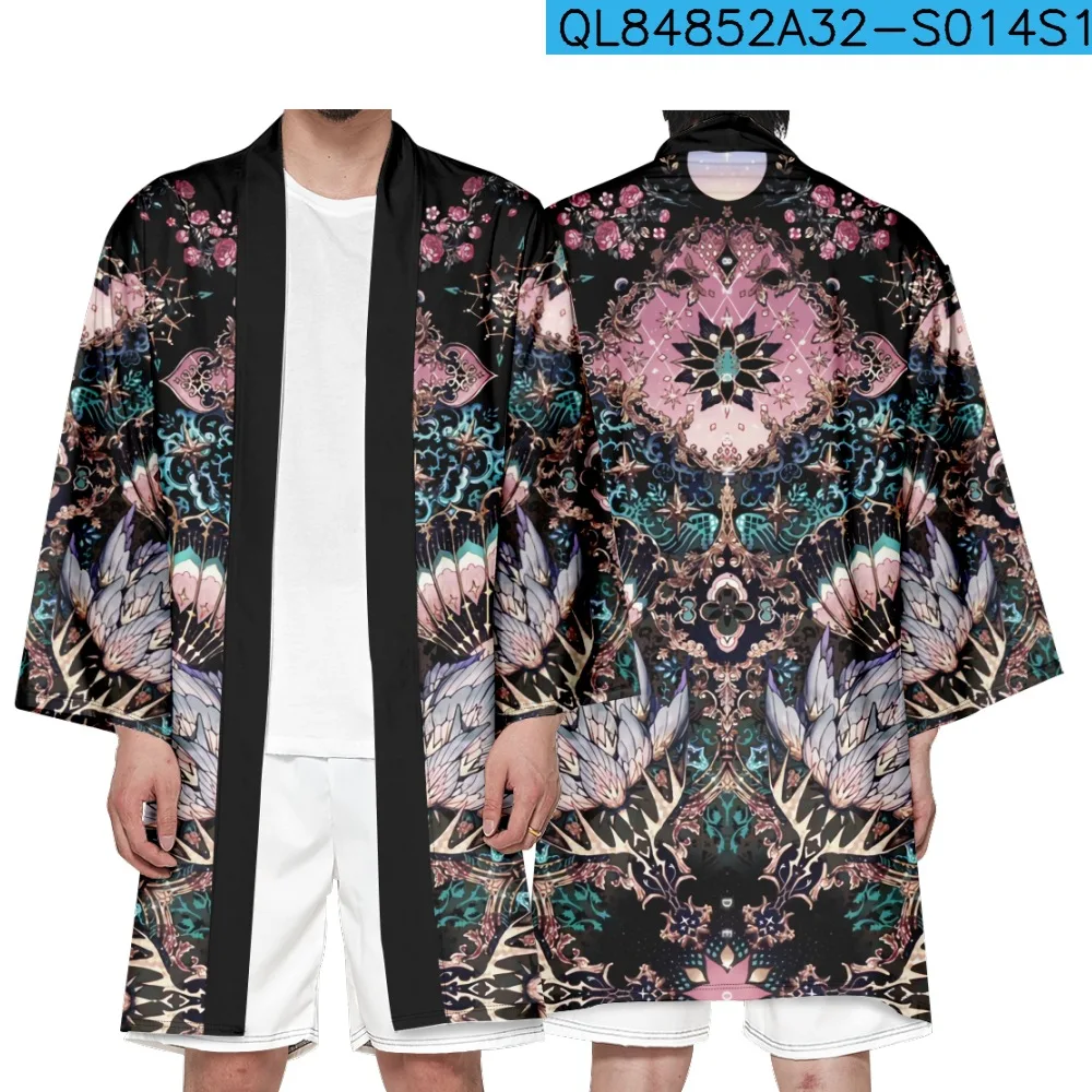 

Floral Print Long Style Kimono Streetwear Harajuku Men Women Cosplay Cardigan Haori Black Asian Clothing